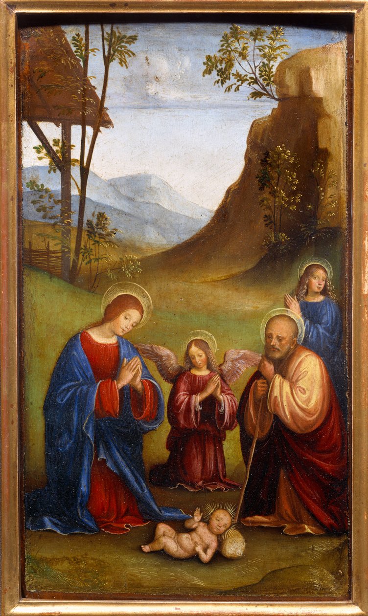 Lapsen ihailu. Pyhä Joosef, Neitsyt Maria ja enkeli rukoilevat vastasyntyneen Kristuksen ympärillä. Francesco Francian (1450-1517) maalaus tekijältä Il  Francia