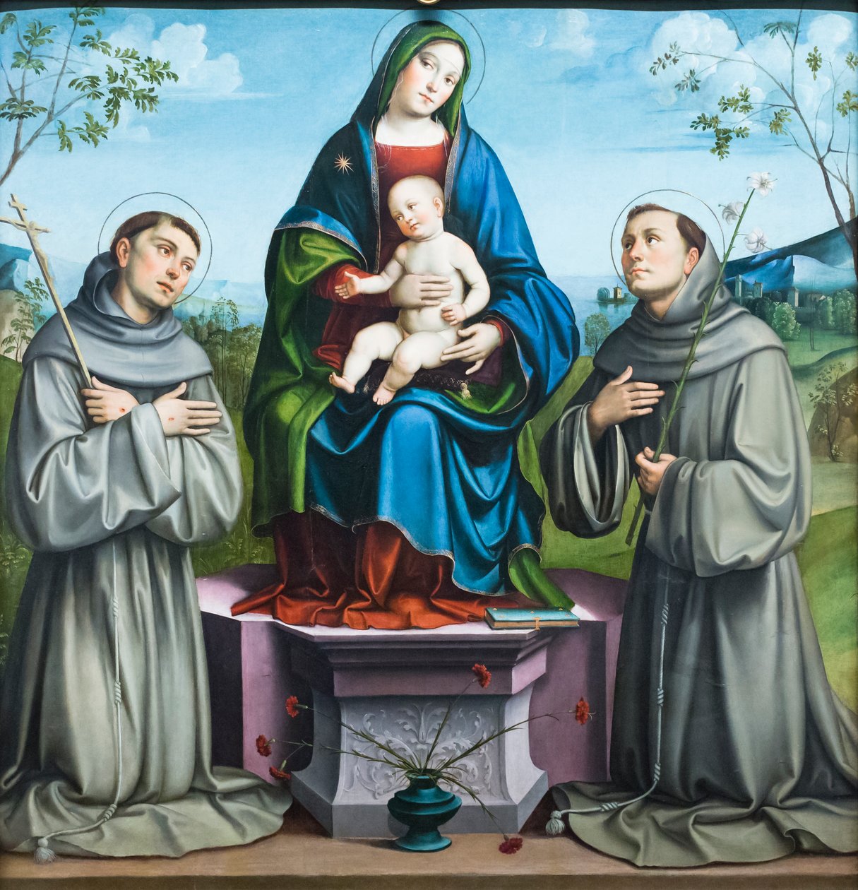 Madonna ja lapsi pyhän Franciscus Assisilaisen ja Anthony Padovalaisen kanssa tekijältä Il (1450 1517) Francia