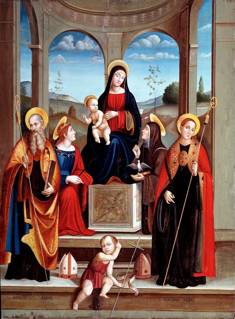 Madonna lapsen kanssa ja pyhä Benedictus Nursian, Justine, Placide ja Scolastica (öljy puulle, n. 1515) tekijältä Il  Francia