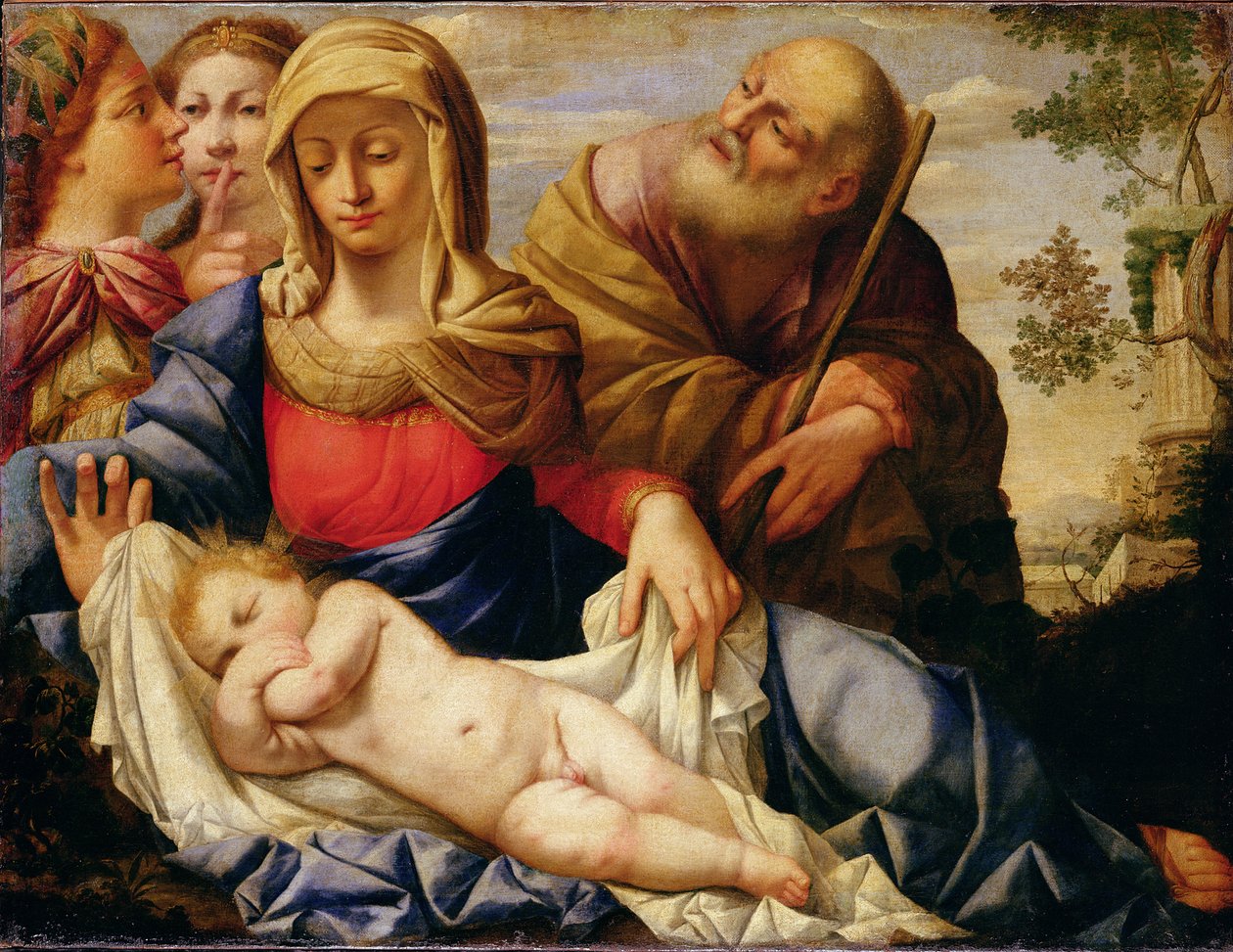 Pyhä perhe ja kaksi naishahmoa, 1600-luvun puoliväli (öljy kankaalle). tekijältä Il (1609 85) Sassoferrato