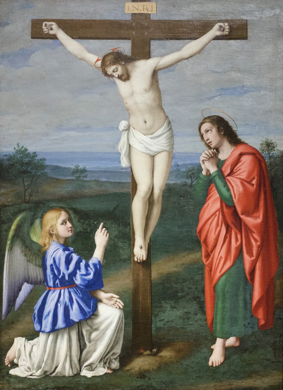 Kristus ristiinnaulittuna enkelin ja evankelista Johanneksen välissä, noin 1640 (öljy kankaalle). tekijältä Il (1609 85) Sassoferrato