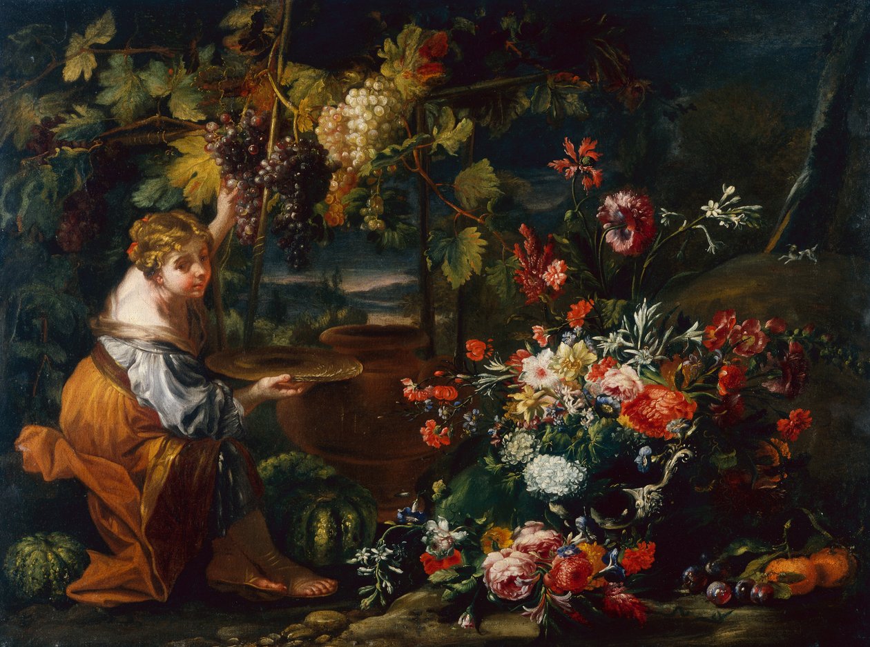 Nuori tyttö poimii viinirypäleitä (öljy kankaalle) tekijältä Il and Brueghel Abraham Borgognone