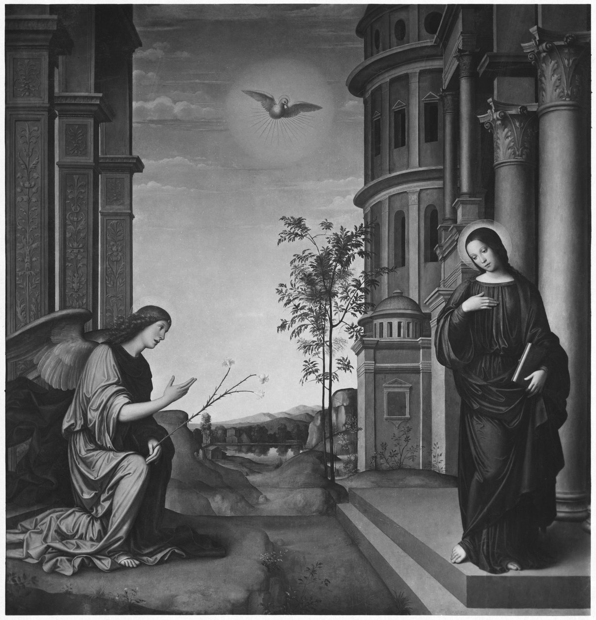 The Annunciation, n. 1502 (öljy puulle transponoitu kankaalle) tekijältä Il Francia