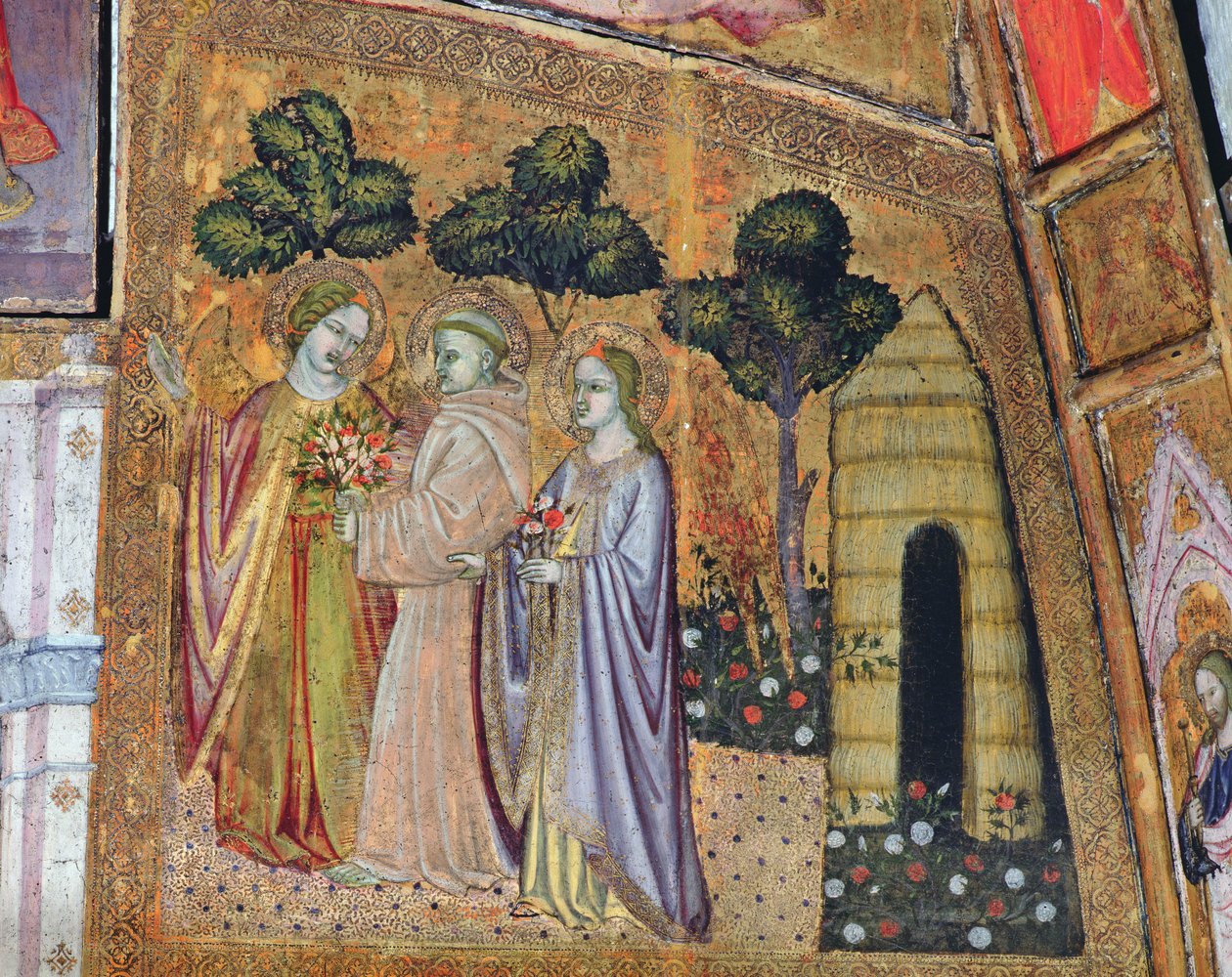 Pyhä Franciscus kahden enkelin säestäjänä, fresko Porziuncolasta, 1393 tekijältä Ilario da Viterbo