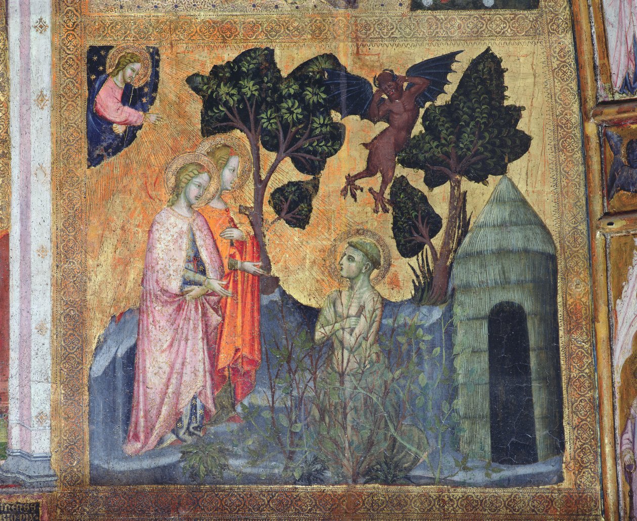 Pyhä Franciscus heittäytyy Thorny Bramblesiin, fresko Porziuncolasta, 1393 tekijältä Ilario da Viterbo