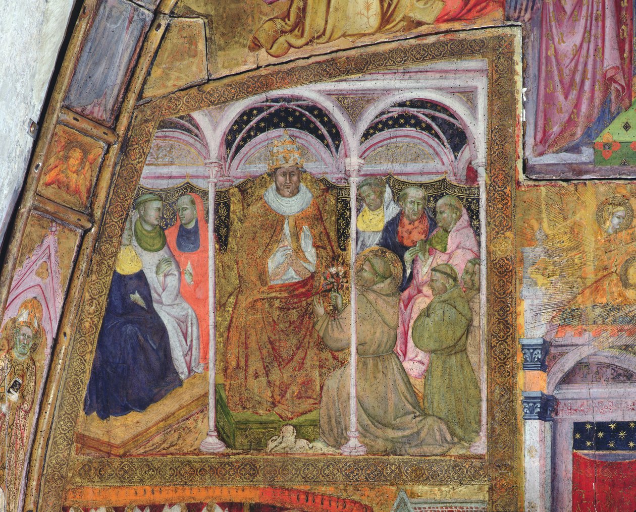 Pyhä Franciscus rukoilee paavi Honorius III:ta antaumukselle, fresko Porziuncolasta, 1393 tekijältä Ilario da Viterbo