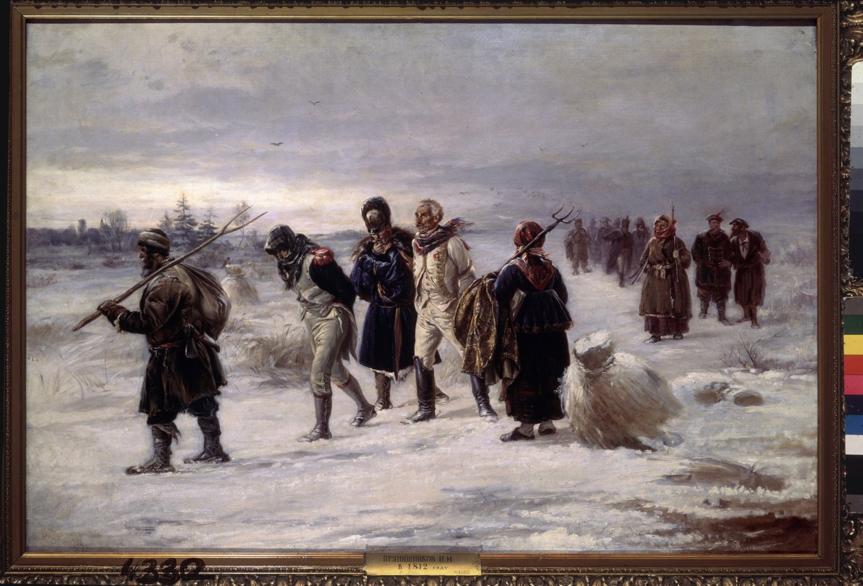Vuonna 1812. (Napoleonin suuresta armeijasta vangitut vangit kävelevät lumessa uupuneena, venäläisten talonpoikien saattajana). Illarion Mikhailovich Prjanišnikovin (1840-1894) maalaus öljy kankaalle tekijältä Illarion Mikhailovich Pryanishnikov