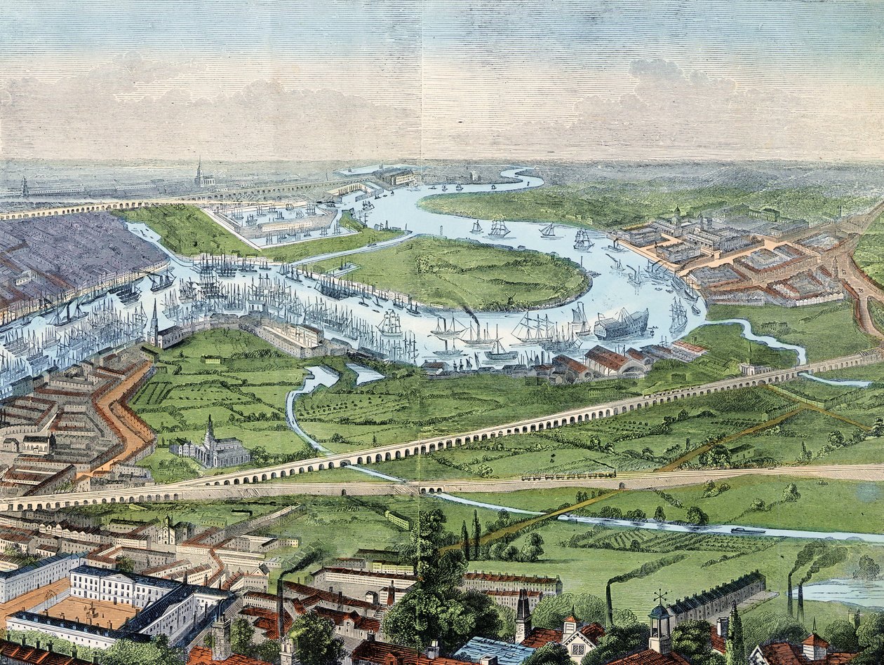 Tulosta; värillinen kaiverrus- Panoraama Lontoosta ja Thames-joesta tekijältä Illustrated London News