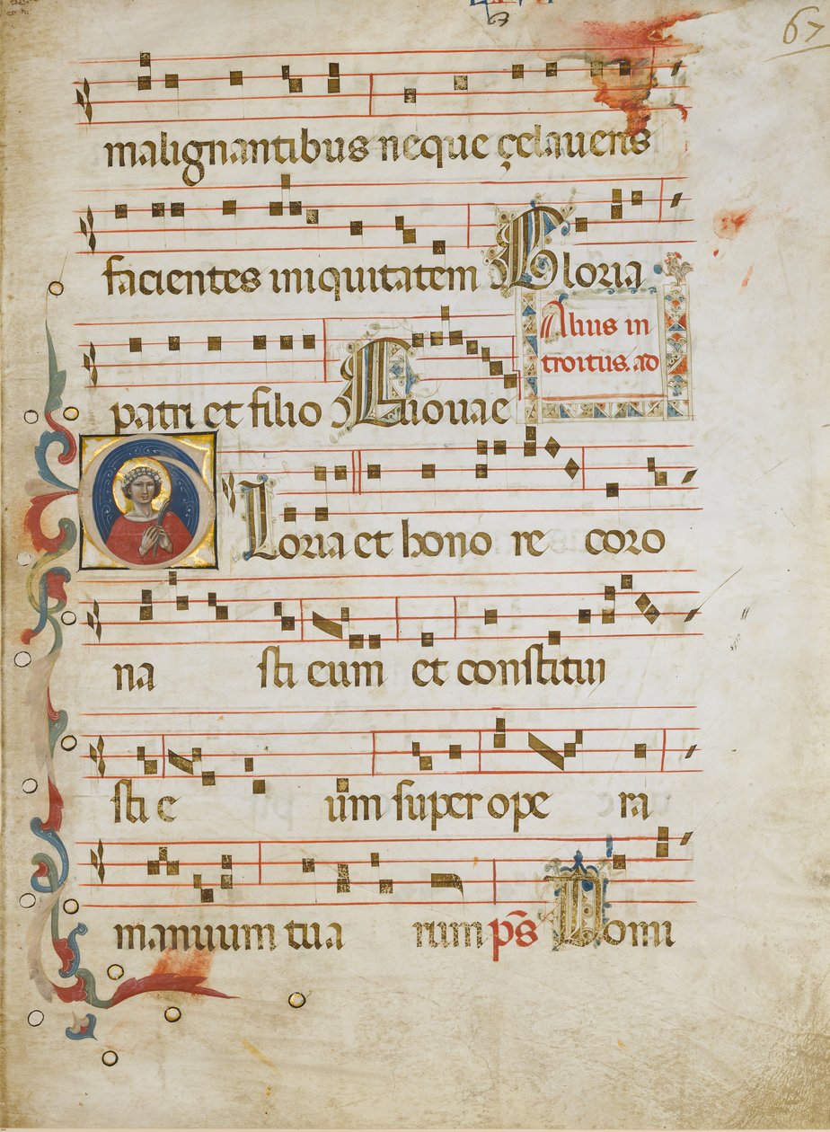 Käsikirjoitus Lehti, jossa naispyhimys, mahdollisesti Dorothy, Initial G..., n. 1330-40. tekijältä Illustratore