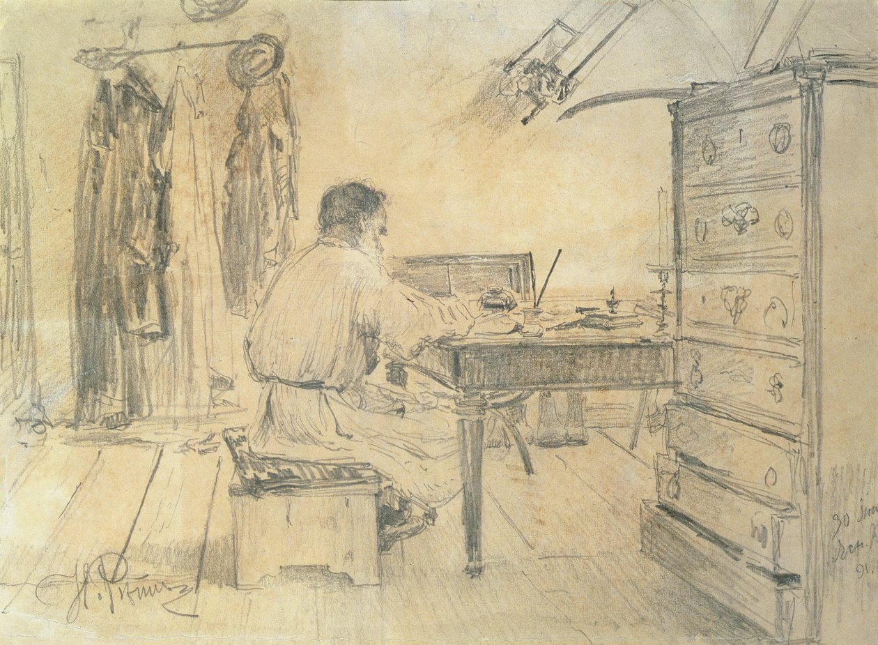Leo Tolstoi (1818-1910) työhuoneessaan, 1891. tekijältä Ilya Efimovich Repin