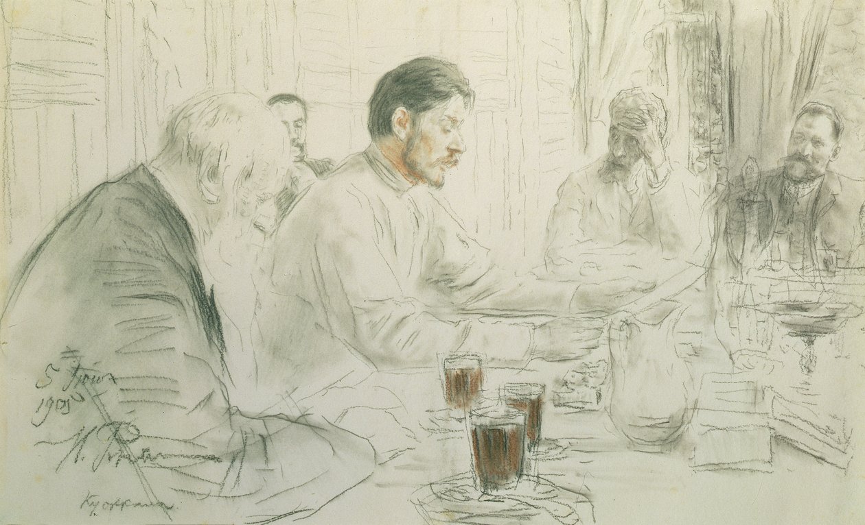 Maksim Gorki (1868-1936) lukee runoaan "Auringon lapset", 1905 (kynä ja liitu paperille) tekijältä Ilya Efimovich Repin