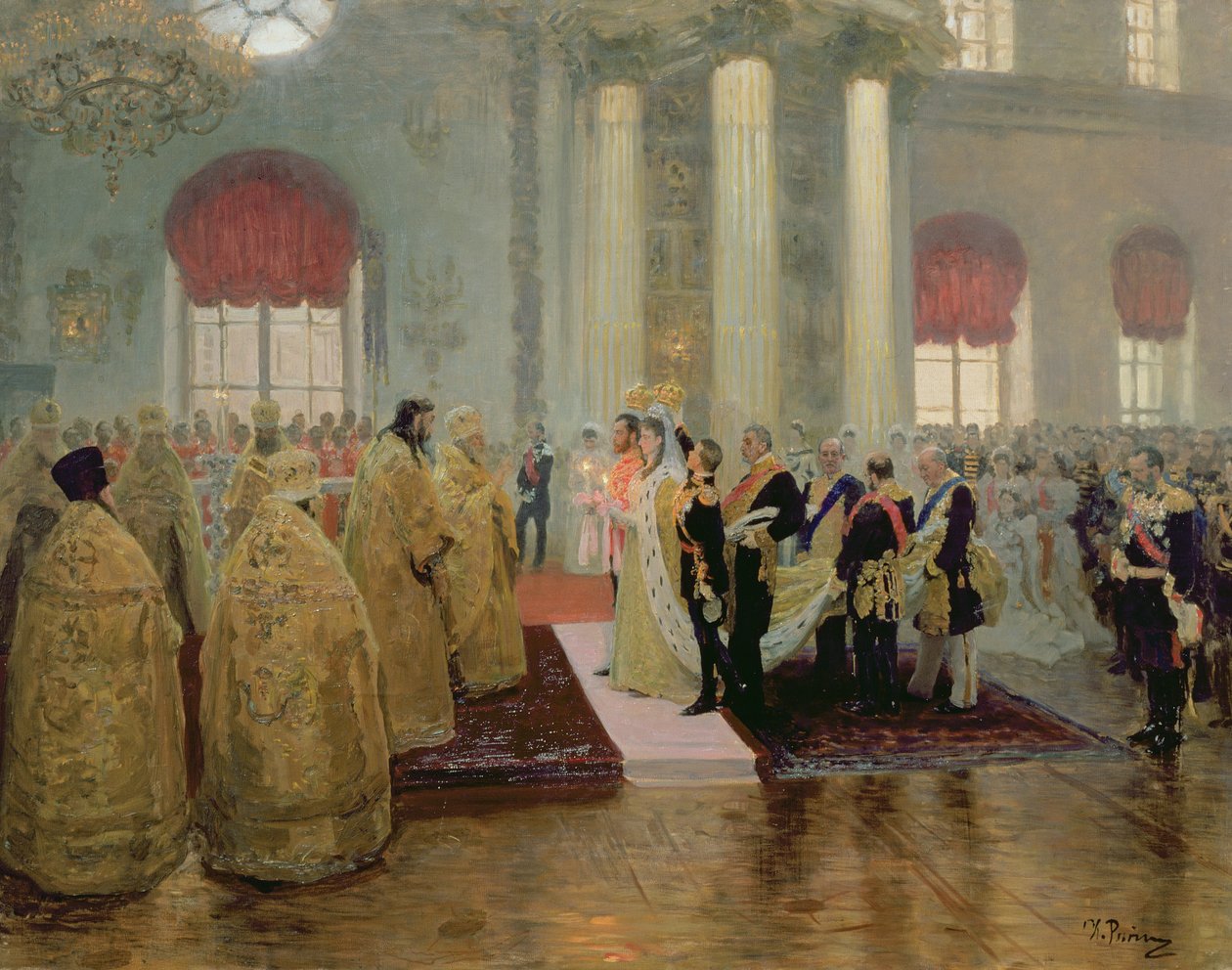 Tsaari Nikolai II:n (1868-1918) ja Aleksandra Fedorovnan (1872-1918) avioliitto 1894 tekijältä Ilya Efimovich Repin