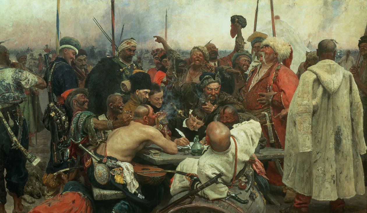 Zaporozhyen kasakat kirjoittavat kirjeen Turkin sulttaanille 1890-91 tekijältä Ilya Efimovich Repin