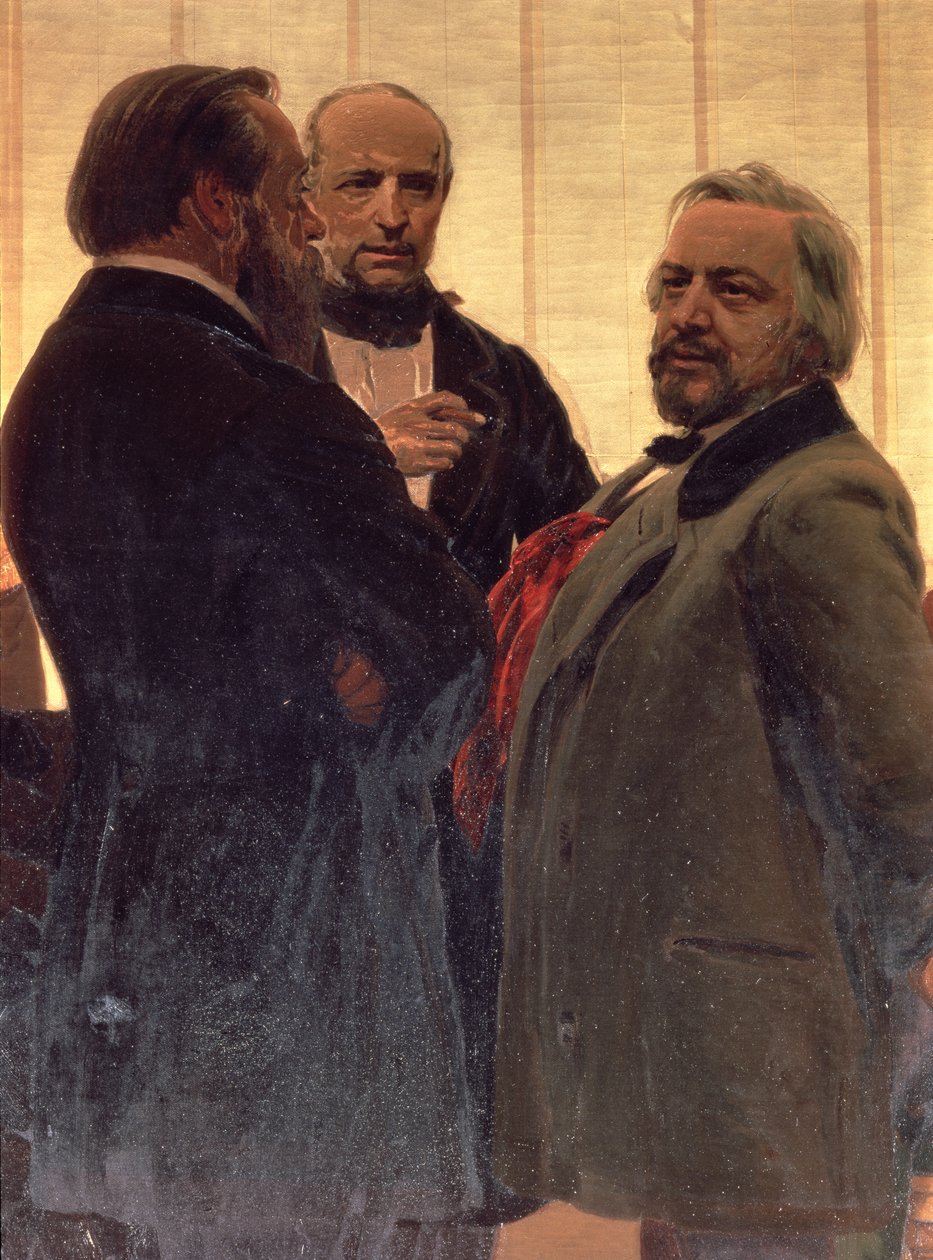 Vladimir Odojevski (1803-69), Mili Balakirev (1837-1910) ja Mihail Ivanovitš Glinka (1804-57), 1890-luku (yksityiskohta) tekijältä Ilya Efimovich Repin