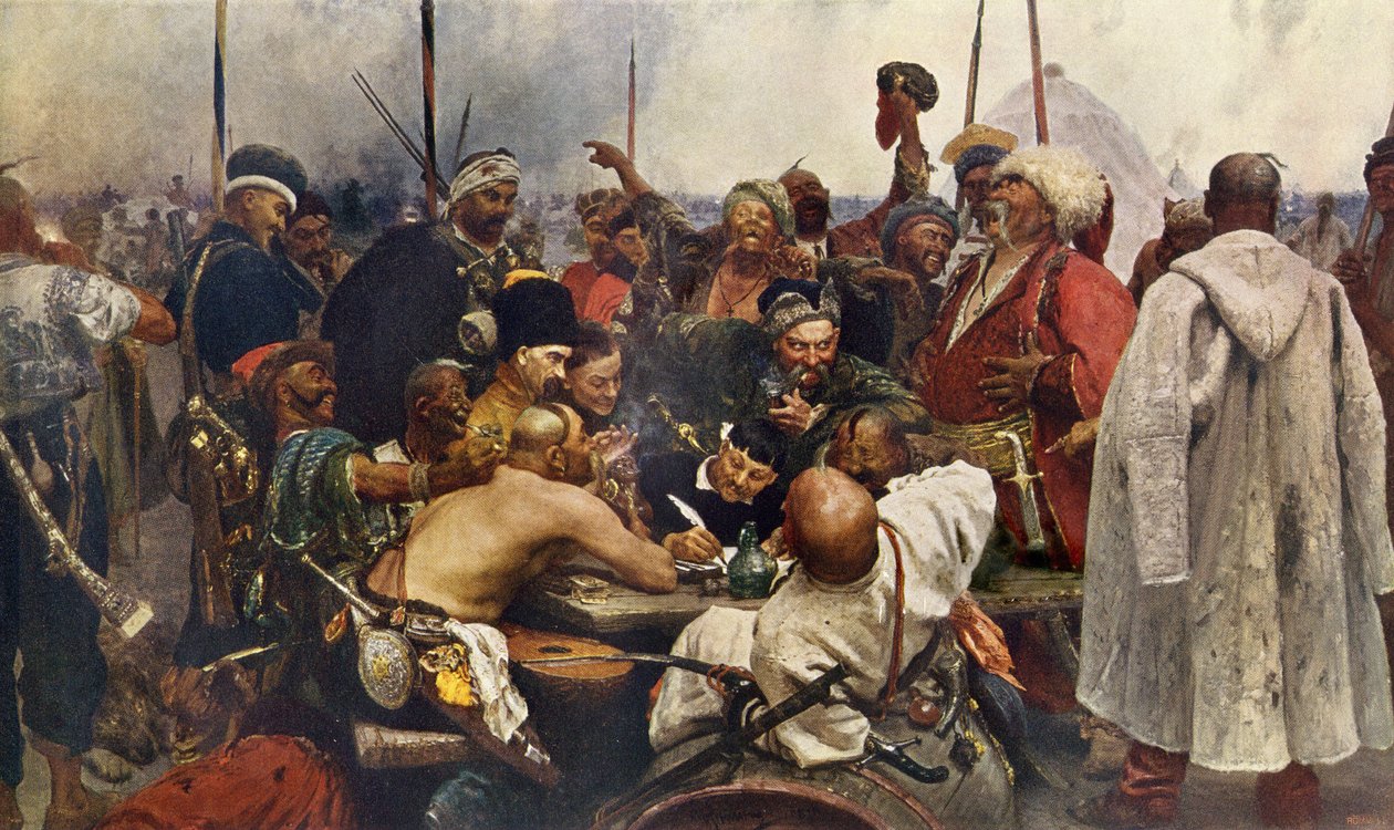 Zaporogien kasakkojen vastaus sulttaani Mehmet IV:lle (Muhammad, Mehmet, Mehmed, Mahmoud) (1642-1693) Turkista Kaiverrus 1800-luvulta Ilja Repinen maalauksen jälkeen. Venäläiset kasakat lähettävät vihaviestin Turkin Constanin armeijalle tekijältä Ilya Efimovich (after) Repin