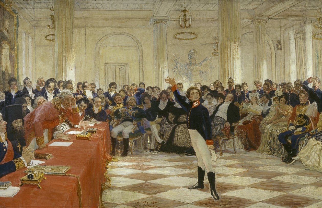 ""Aleksandri Pushkin kokeessa Tsarskoje Selon lyseumissa 8. tammikuuta tekijältä Ilya Efimovich Repin