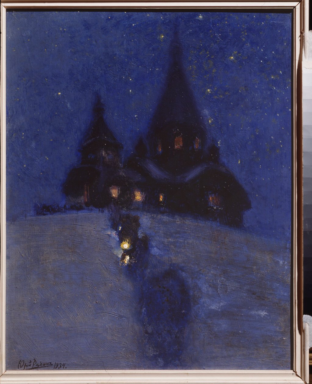 Kirkko Kuokkalassa (tai Repinossa, Venäjällä) jouluyönä. Maalaus Juri Iljitš Repin (Youri Repin) (1877-1954), öljy puulle, noin 1910. Venäläistä taidetta, 1900-luku. I. Repinin muistomuseo Penates, Pietari. tekijältä Ilya Efimovich Repin