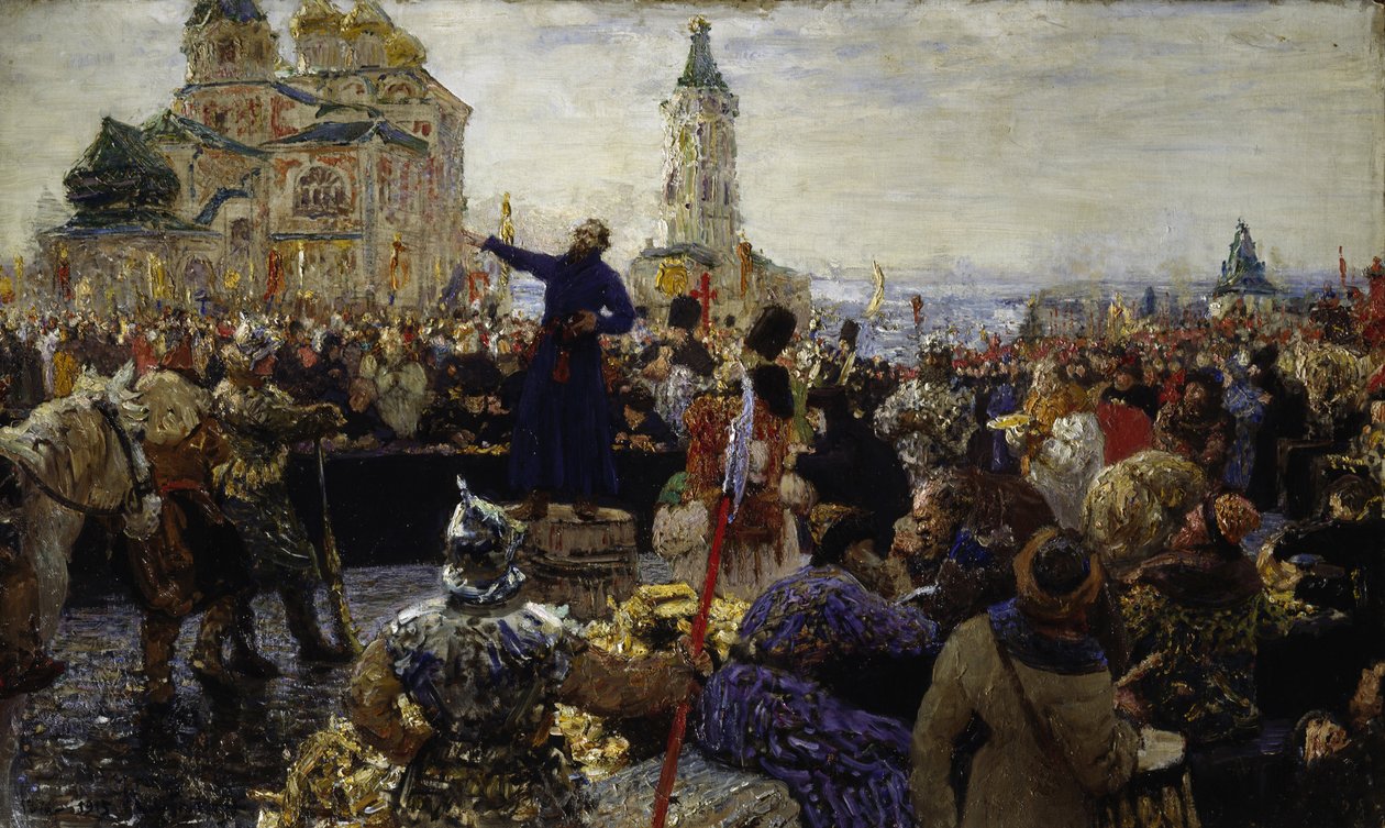 Kouzma (Kuzma) Minin (kuoli 1616) kutsuu Nižni Novgorodin kansaa vuonna 1611 (Hän nosti Moskovan kansan puolalaisia ​​vastaan) (Minin vetoaa Nižni Novgorodin ihmisiin vuonna 1611) - Ilja Jefimovitš Repinin (1844-1930) maalaus ), öljy kankaalle tekijältä Ilya Efimovich Repin
