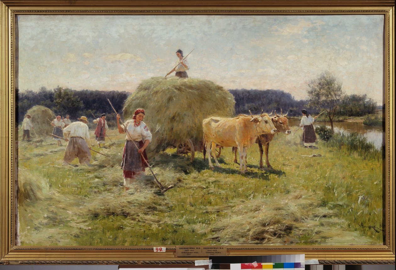 Heinänteko (Kesämaatalouskohtaus, talonpojat keräämässä heinää härkätiimissä) - Heinänteko - Nikolai Kornilovich Pimonenkon (1862-1912) maalaus, öljy kankaalle tekijältä Ilya Efimovich Repin