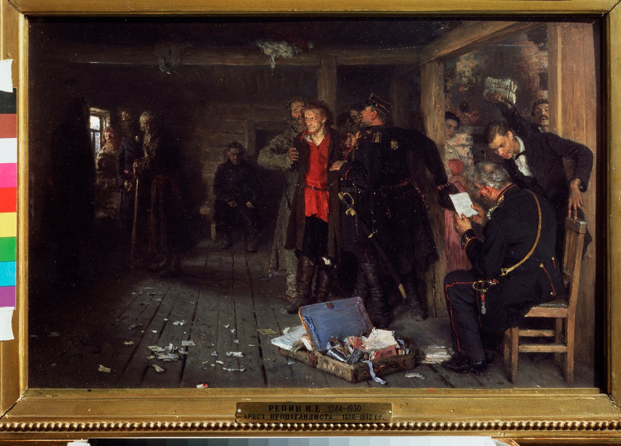 Propagandistin pidätys. Maalaus Ilja Repin (Ilia Repin) (1844-1930), öljy puulle tekijältä Ilya Efimovich Repin
