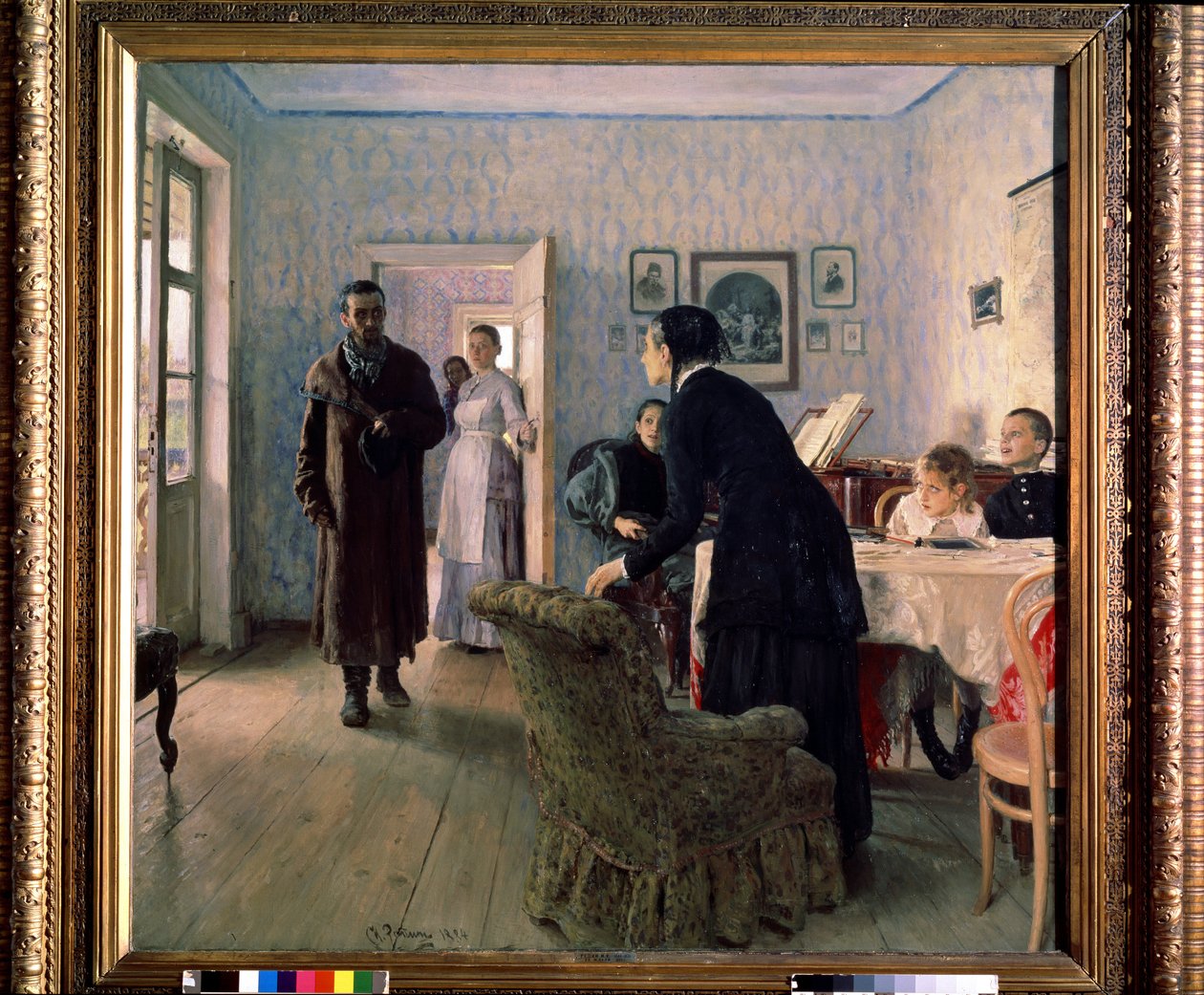 ""Odottamaton paluu"" (Unexpected Return) Poliittisen maanpaon odottamaton paluu 1880-luvun nihilististen liikkeiden aikana. Ilja Jefimovitš Repinin (Ilia Repin) maalaus (1844-1930) 1884-1888 Su. 160 . x 167,5 cm Tretjakovin valtiongalleria tekijältä Ilya Efimovich Repin