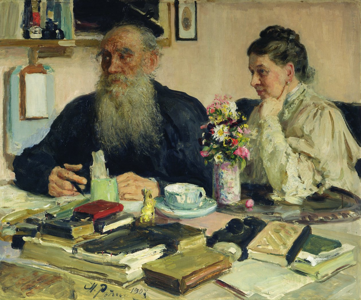 Leo Tolstoi vaimonsa kanssa Jasnaja Poljanassa, 1907 tekijältä Ilya Efimovich Repin