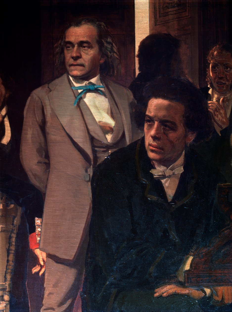 Säveltäjät Anton Rubinstein (1829-1894) ja Alexander Serov (1820-1871). Yksityiskohta maalauksesta Slaavilaiset säveltäjät. Ilja Jefimovitš Repinin (Ilia Repin) (1844-1930) maalaus öljy kankaalle tekijältä Ilya Efimovich Repin