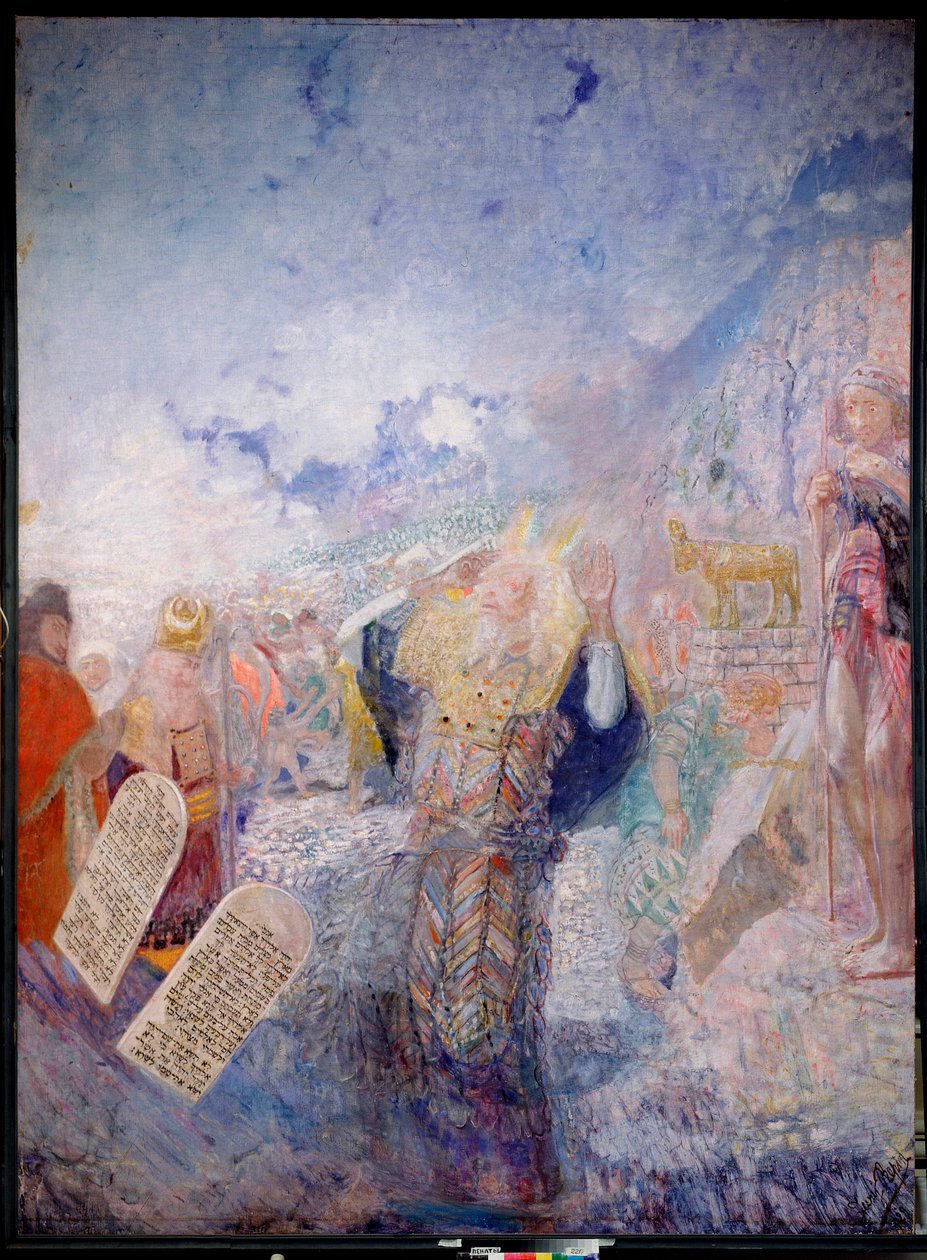 Mooses ja kymmenen käskyä. Hänen takanaan Kultainen vasikka. Maalaus Juri Iljitš Repin (Youri Repin) (1877-1954), öljy kankaalle, noin 1930. Venäjän taidetta, 1900-luku, modernia taidetta. I. Repinin muistomuseo Penates, Pietari. tekijältä Ilya Efimovich Repin