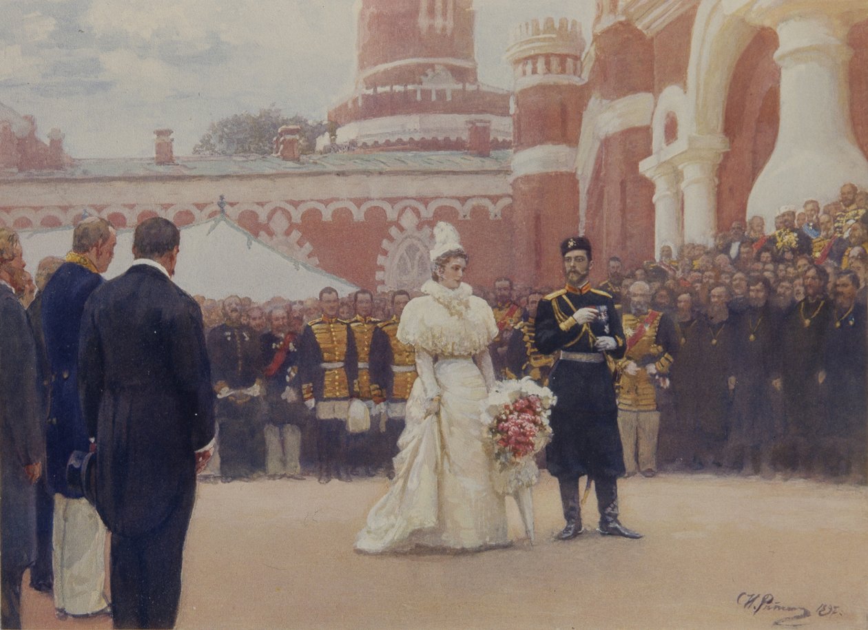 Nikolai II vastaanottaa maaseutupiirin vanhimmat 18. toukokuuta 1896 Petrovskin palatsin pihalla Moskovassa, 1897 tekijältä Ilya Efimovich Repin