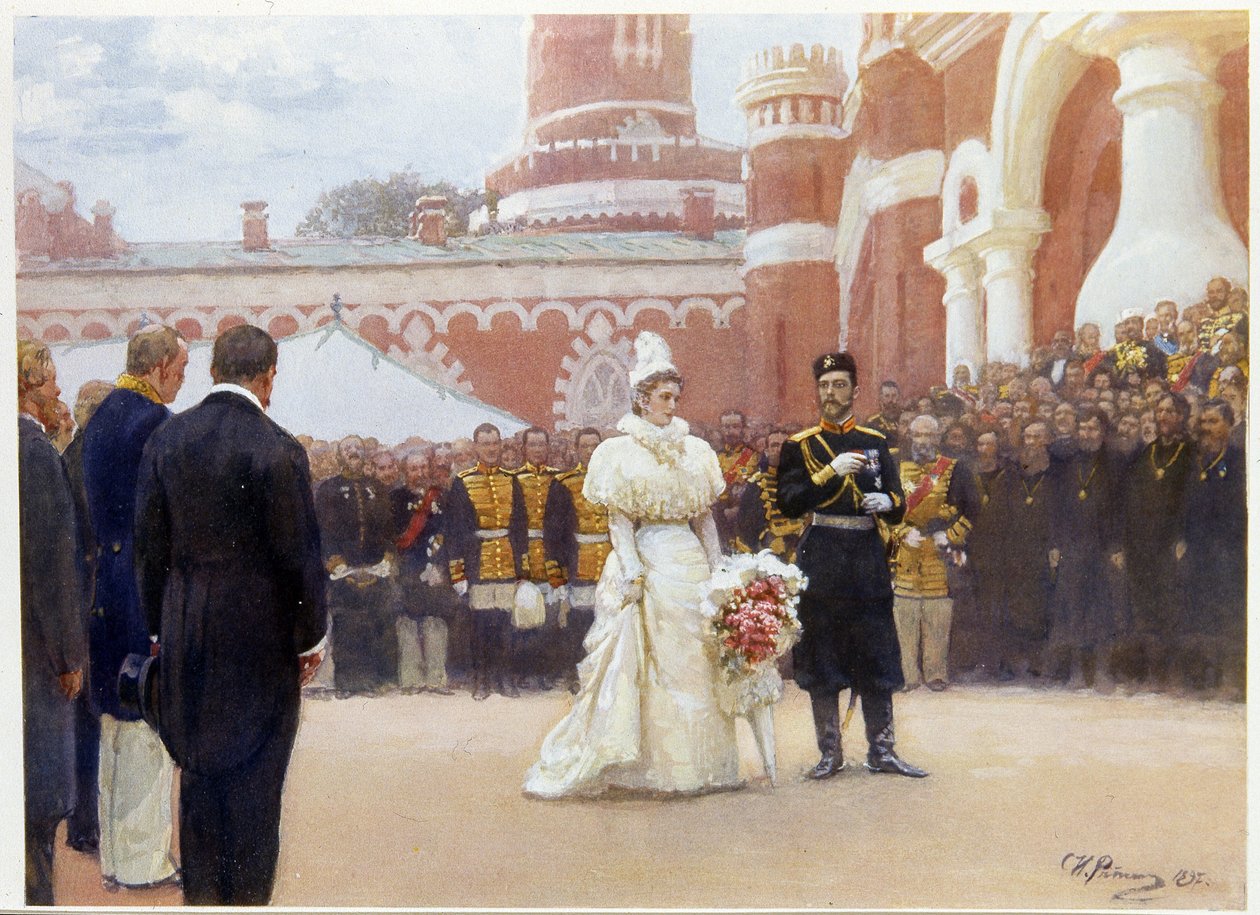 Nikolai II (1868-1918) ja hänen vaimonsa Aleksandra Fedorovna (tai Aleksandra Fedorovna) (1872-1918) ottivat vastaan ​​maaseutupiirin vanhimmat 18. toukokuuta 1896 Moskovan Petrovskin palatsin pihalla. (Nikolas II vastaanottaa maaseutupiirin vanhimmat 18.  tekijältä Ilya Efimovich Repin
