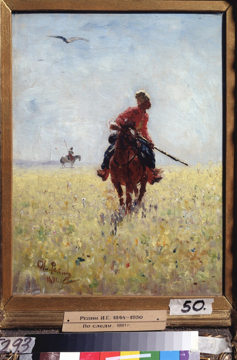 Tunnustuskurssi. (Zaporoguen kasakkaratsumies tarkkailtuna kukkaisella tasangolla). Ilja Jefimovitš Repinin (Ilia Repin) (1844-1930) maalaus öljy kankaalle tekijältä Ilya Efimovich Repin
