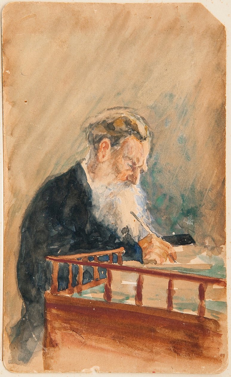 Kirjailija Leo N Tolstoin muotokuva (Kirjailija Leo N Tolstoin muotokuva) - Ilja Jefimovitš Repinin (Ilia Repin) (1844-1930) teos, akvarelli paperille (16x10 cm), noin 1900, venäläinen taide , 1900-luku - Yksityinen kokoelma tekijältä Ilya Efimovich Repin