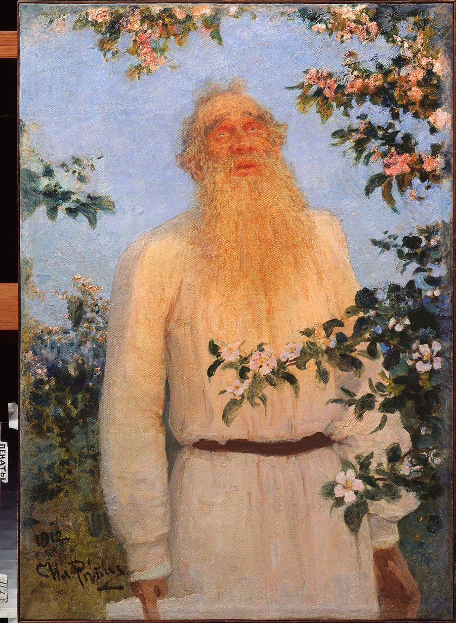 Muotokuva kirjailija Lev Nikolajevitšista (Leo tai Leon Tolstoi) (Tolstoi) (1828-1910). Ilja Repinin (Ilia Repin) (1844-1930) maalaus, öljy kankaalle tekijältä Ilya Efimovich Repin