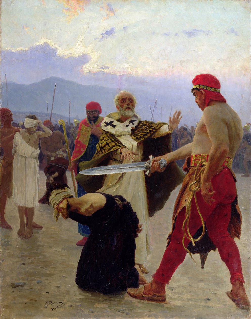 Pyhä Nikolaos Myran pyhimys pelastaa kolme viatonta lasta kuolemalta, 1890. tekijältä Ilya Efimovich Repin
