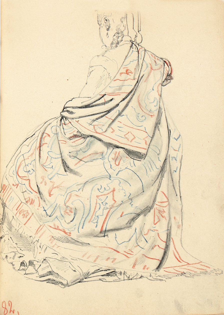 Tutkimus "Pariisilainen kahvila": Istuvan naisen mekko takaa, n. 1872-1875 tekijältä Ilya Efimovich Repin