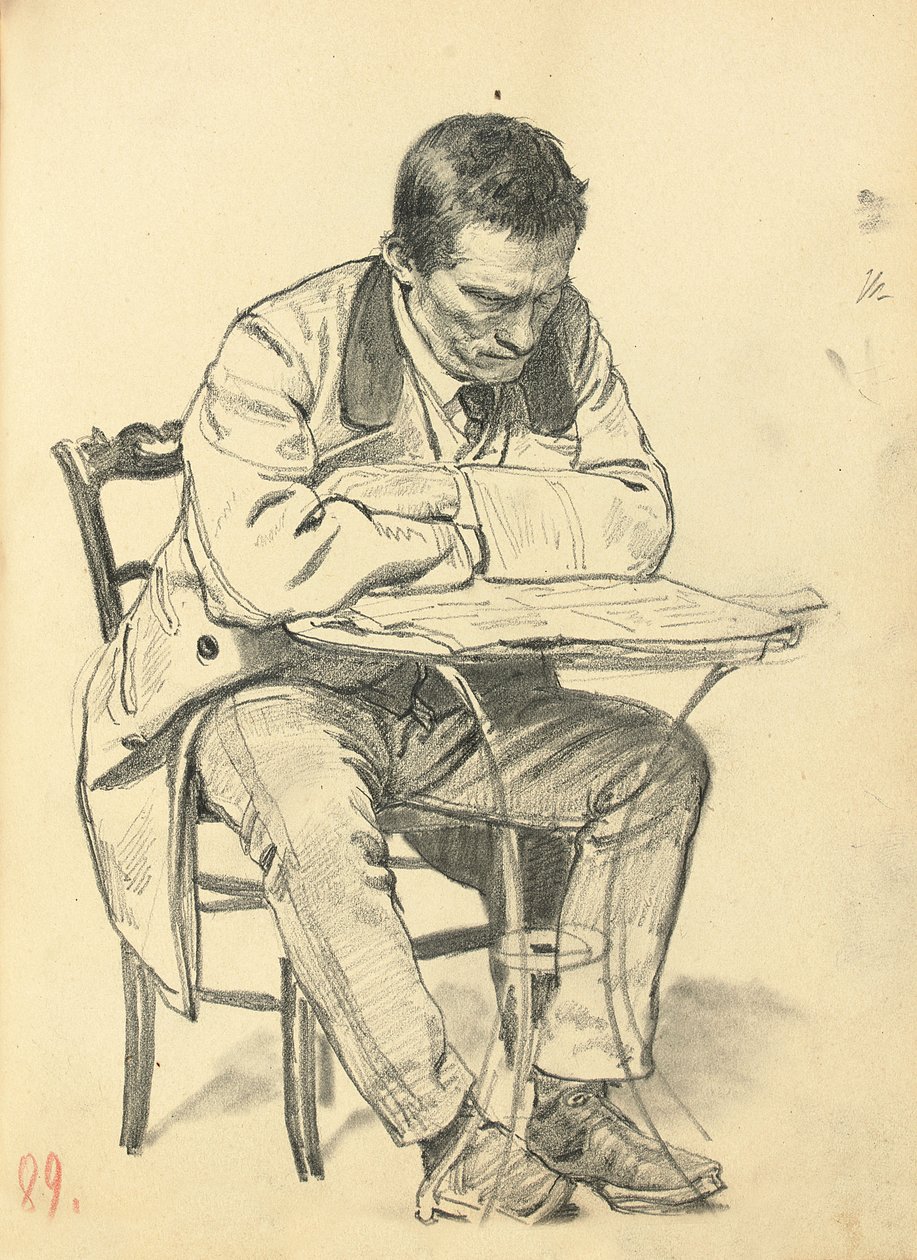 Tutkimus "Pariisilainen kahvila": Mies istuu kahvilan pöydässä, lukee sanomalehteä, n. 1872-1875 tekijältä Ilya Efimovich Repin