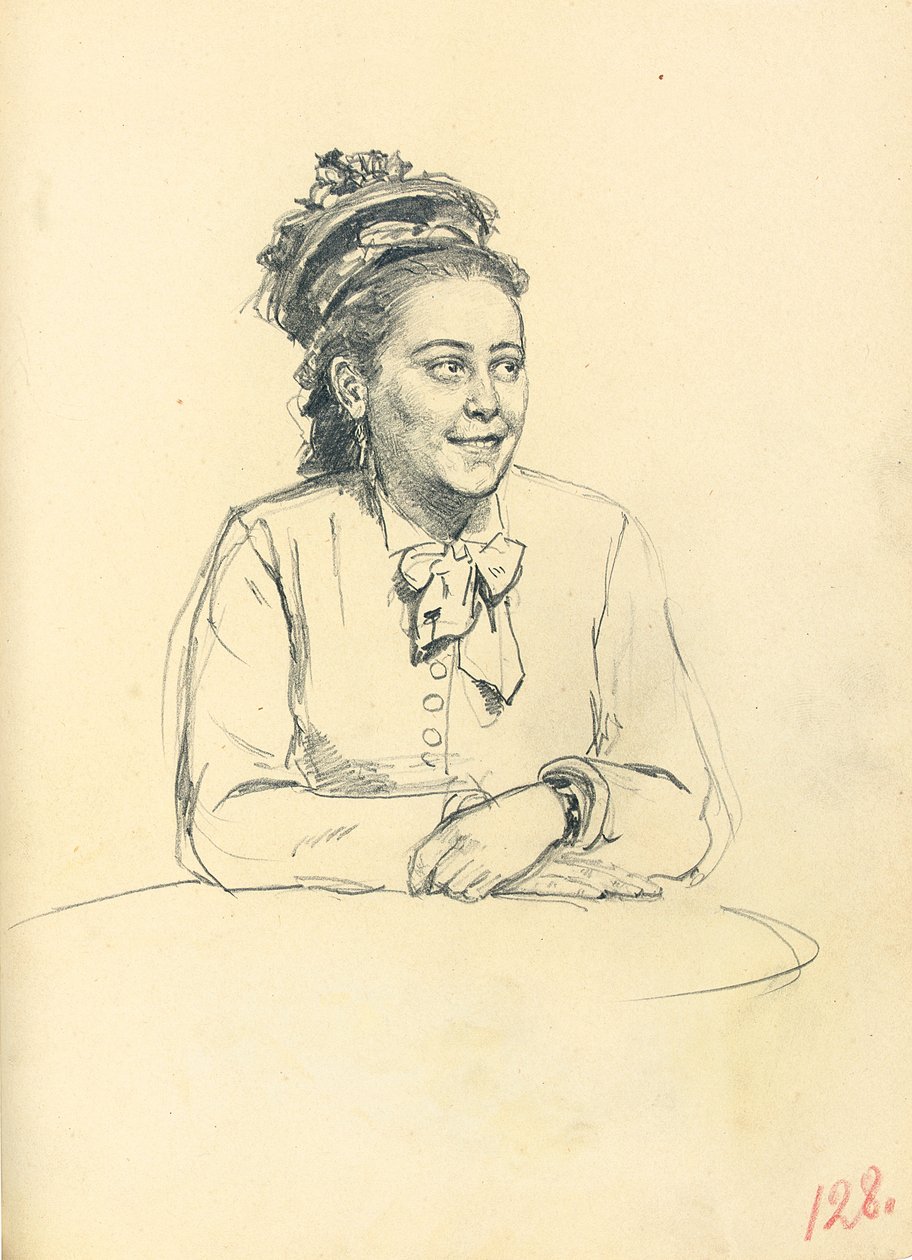 Tutkimus "Pariisilainen kahvila": Istuva nainen jousi ja kädet ristissä, n. 1872-1875 tekijältä Ilya Efimovich Repin