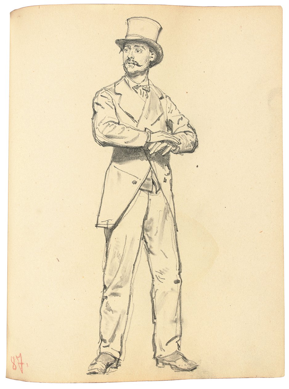 Tutkimus "Pariisilainen kahvila": Seisova mies hattu, jalat erillään, c. 1872-1875 tekijältä Ilya Efimovich Repin