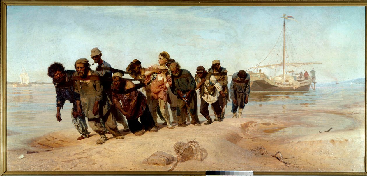 Volgan veneilijät Ryhmä miehiä (kuljettajia) piirtää veneen vedestä Venäjällä - Ilia (Ilja) Repinen (1844-1930) maalaus, öljy kankaalle tekijältä Ilya Efimovich Repin