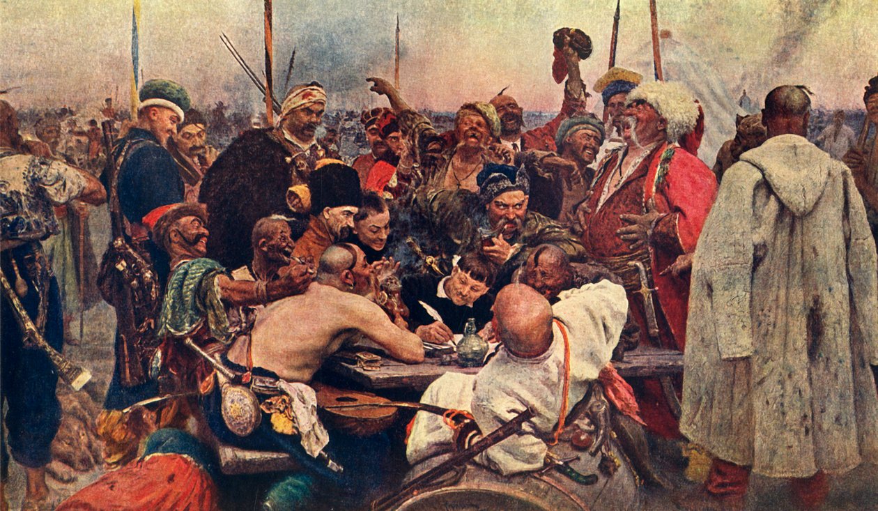 "Kasakkojen vastaus sulttaani Zaporozhtsylle", c1890, 1939. tekijältä Ilya Efimovich Repin