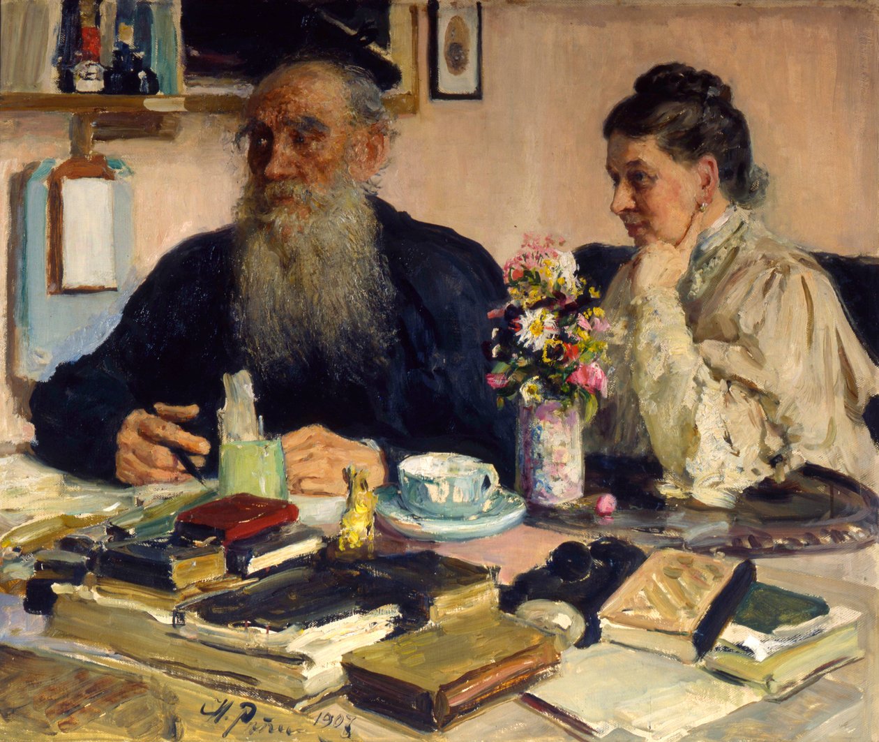 "Kirjailija Leo Tolstoi vaimonsa kanssa Jasnaja Poljanassa", 1907. tekijältä Ilya Efimovich Repin