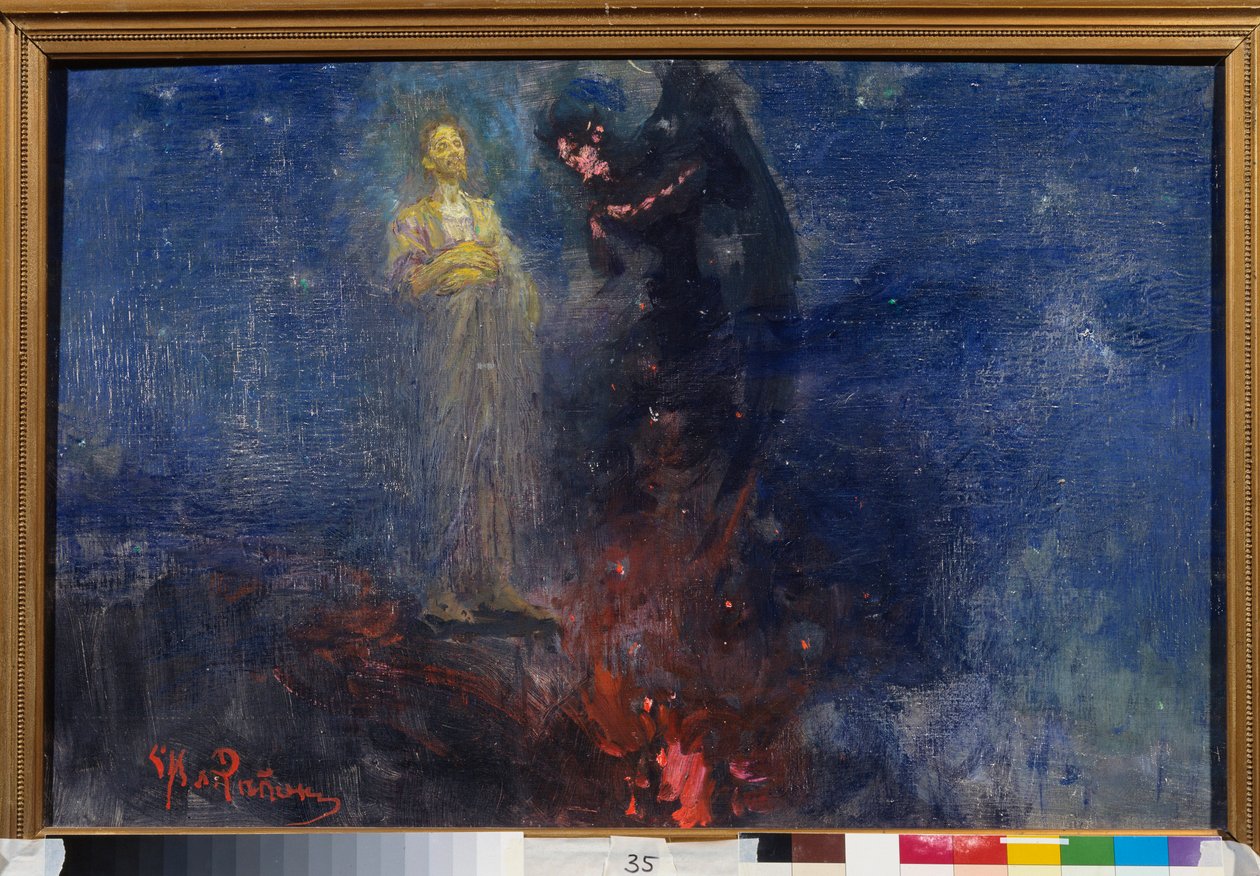 Mene pois, saatana! (Hae siis, Saatana!). (Jeesus Kristus karkottaa paholaisen yömaisemassa). Ilja Repinin (Ilia Repin) (1844-1930) maalaus, öljy kankaalle, vuoden 1850 jälkeen. Venäläistä taidetta tekijältä Ilya Efimovich Repin