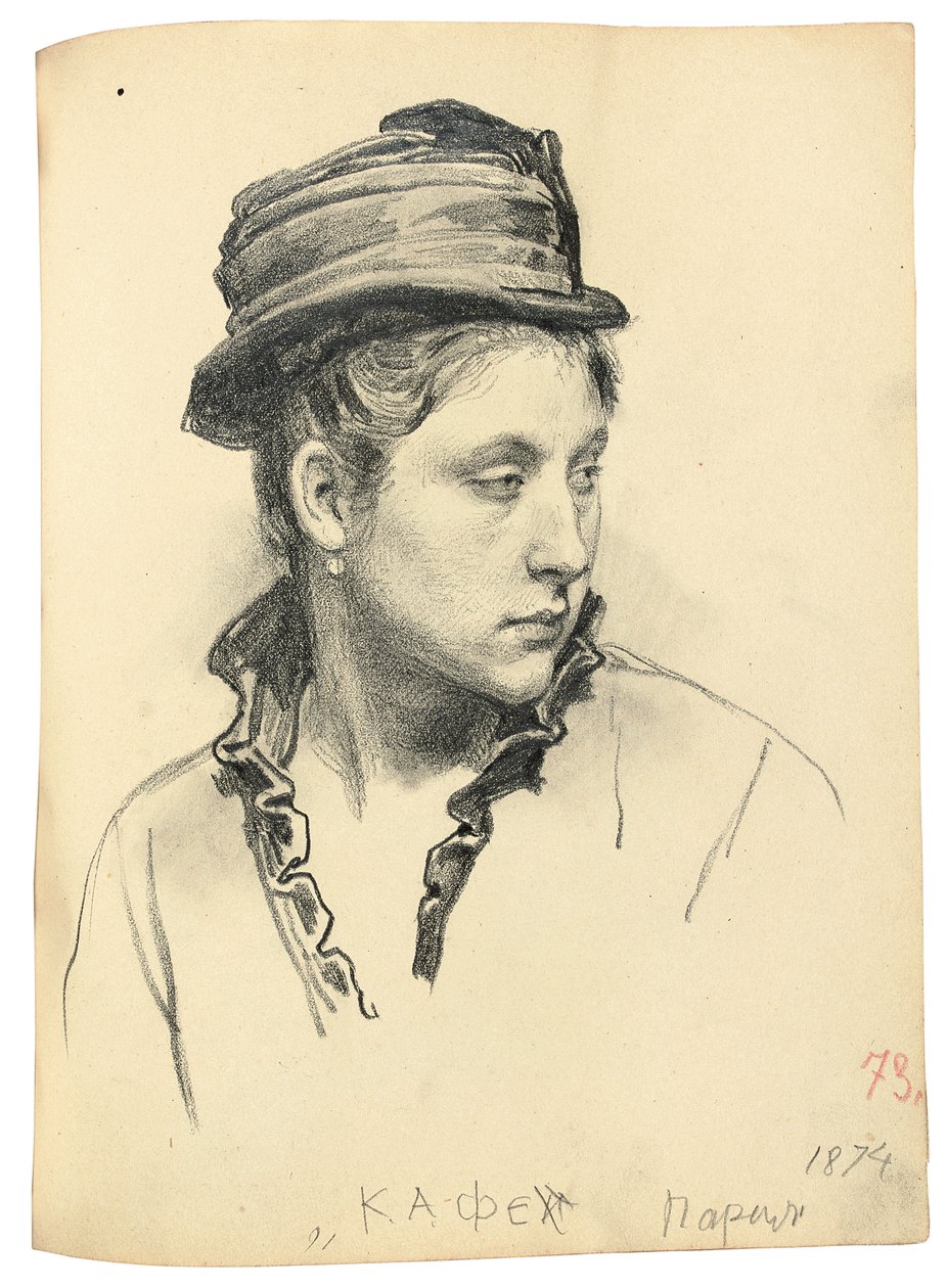 Nainen hattu, pää käännetty sivulle, 1874 tekijältä Ilya Efimovich Repin