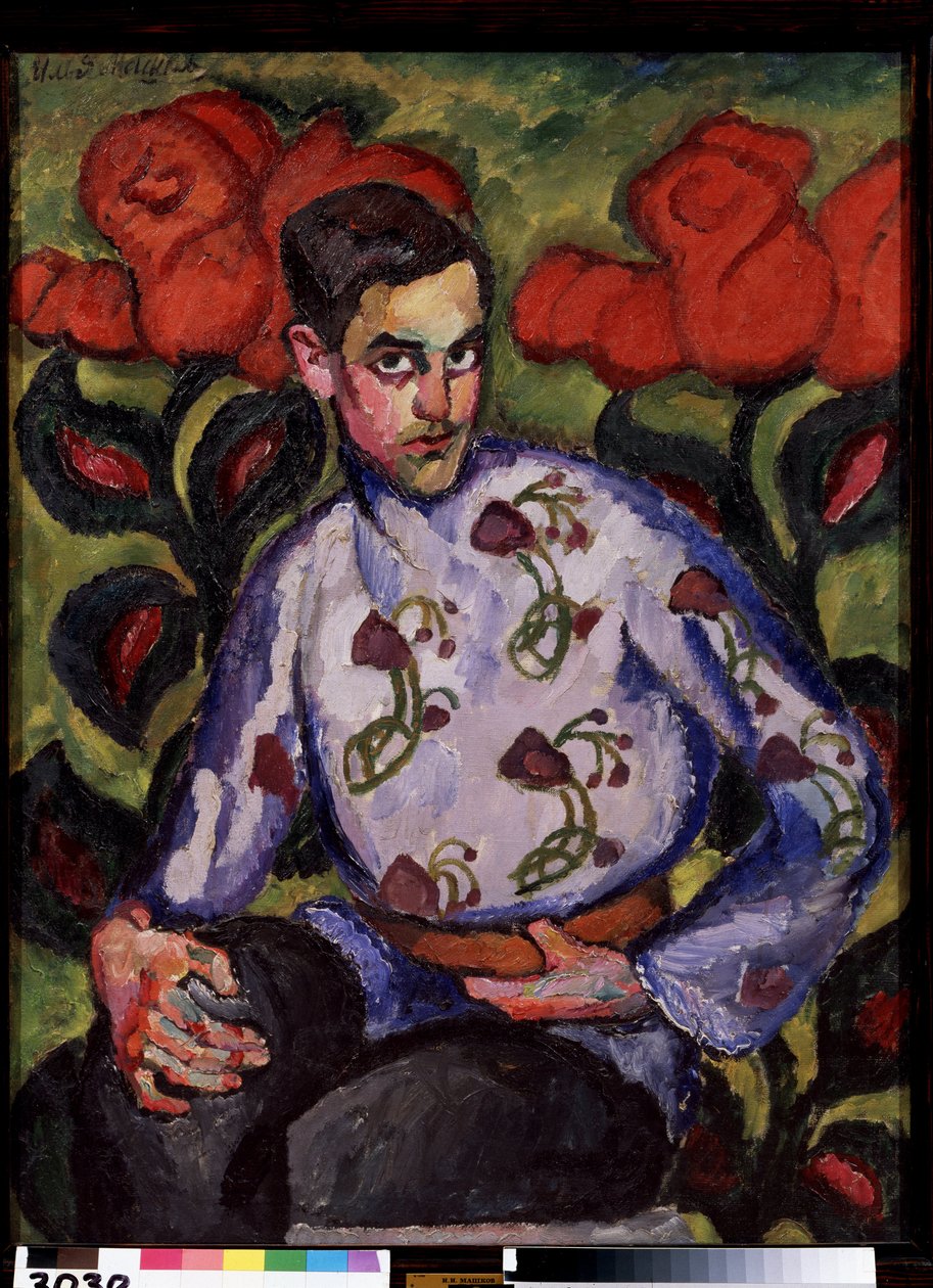 Pojan muotokuva paidassa, jossa on kukkia. Ilja Ivanovitš Mashkov (Ilia Mashkov, Matchkov) maalaus (1881-1944), öljy kankaalle tekijältä Ilya Ivanovich Mashkov