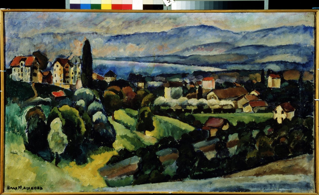 Näkymä Nervin kaupunkiin (Italia) Kuvaus maisemasta ja pikkukaupungista Italian Rivieran rannikolla lähellä Genoaa kesällä. Ilja Ivanovitš Mashkov (Ilia Mashkov, Matchkov) maalaus (1881-1944), öljy kankaalle. tekijältä Ilya Ivanovich Mashkov