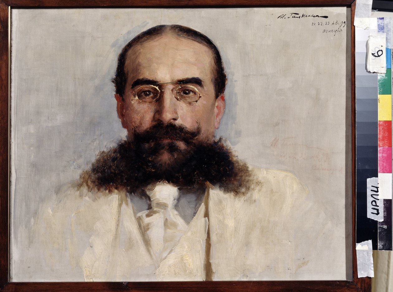 Muotokuva kirjailijasta, pedagogista ja näytelmäkirjailijasta Vladimir Nemirovich Dachenkosta (1858-1943) (Kirjailijan, pedagogin ja näytelmäkirjailija Vladimir I. Nemirovich-Danchenkon muotokuva). Ilja Savvich Galkinin (1860-1915) maalaus öljy kankaalle tekijältä Ilya Savich Galkin