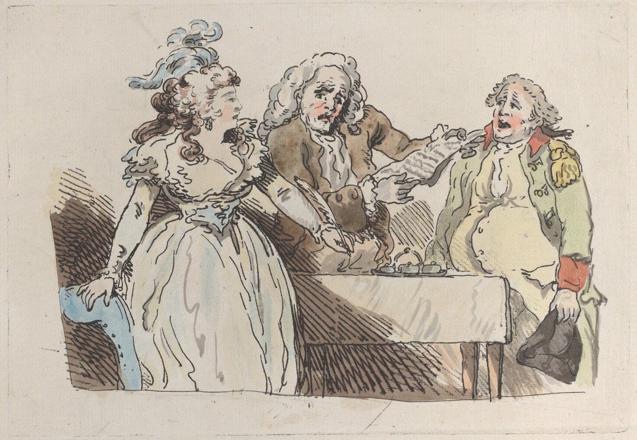 Nuori nainen perillinen valmistautuu allekirjoittamaan asiakirjan, 1780-1800., 1780-1800. tekijältä Imitator of Thomas Rowlandson.