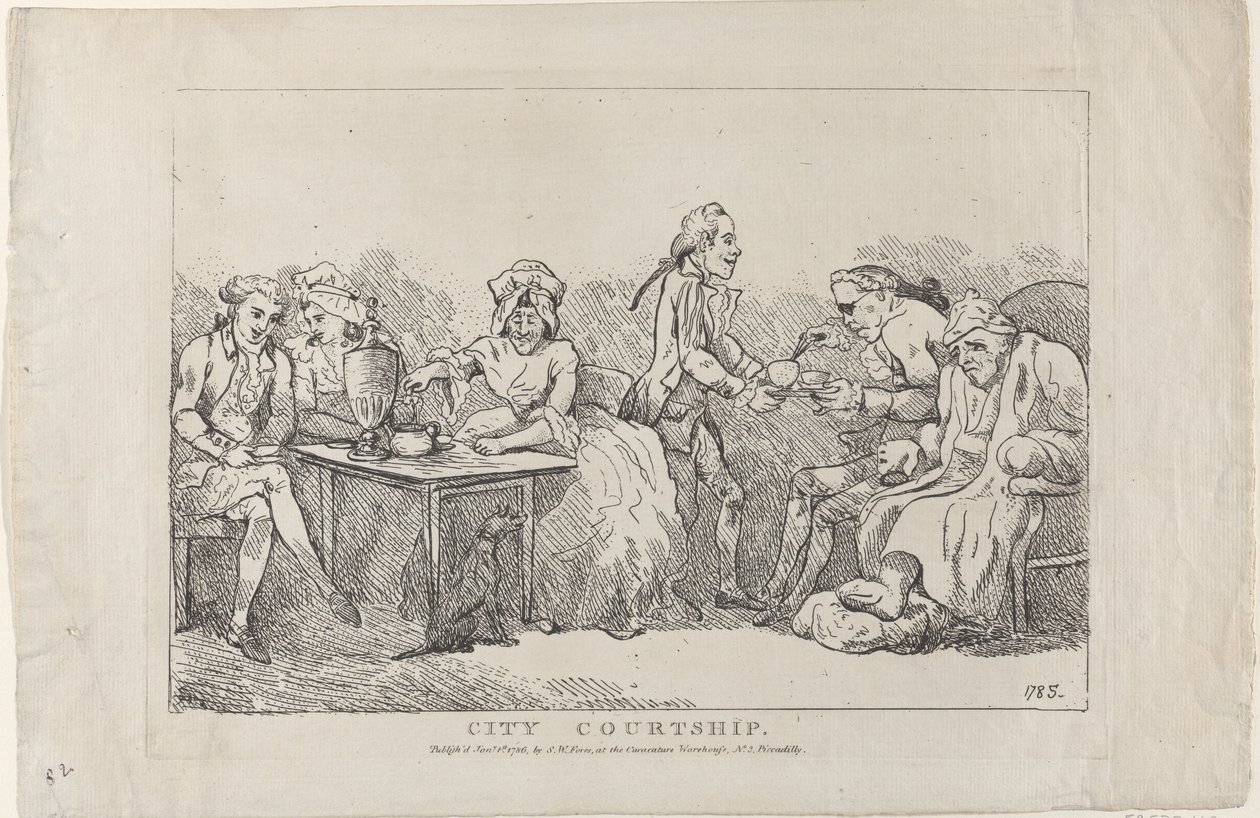 Kaupungin kosiskelu, 1786, 1786. tekijältä Imitator of Thomas Rowlandson.