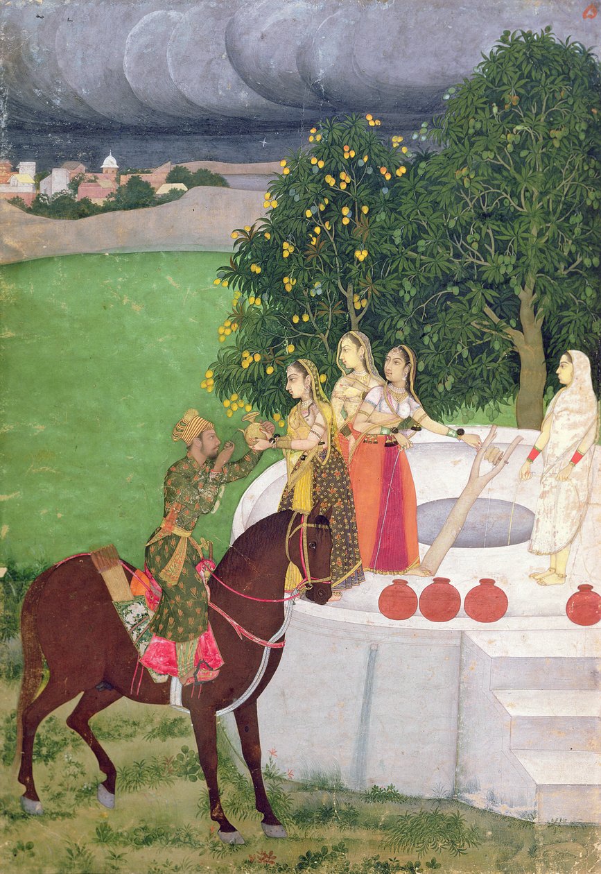 Prinssi kerjäämässä vettä naisilta kaivolla, Mughal, n. 1720 tekijältä Indian School
