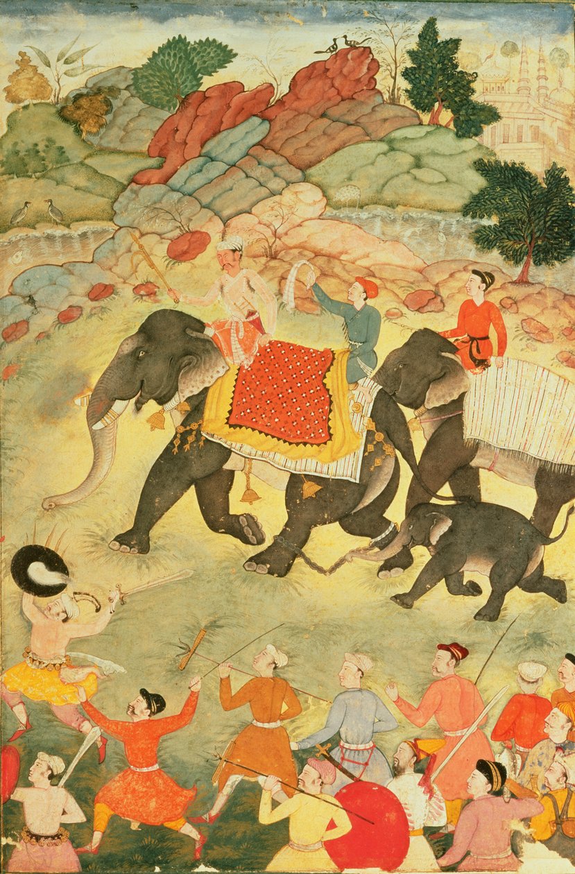 Elefantinmetsästäjien puolue, Mughal, n. 1615, (tempera paperilla) tekijältä Indian School